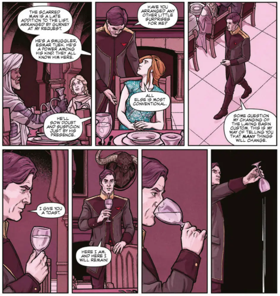 The banquet scene in 'Dune: The Graphic Novel, Book 1'. After Lady Jessica updates him on guests in attendance, Duke Leto Atreides opens with a toast.