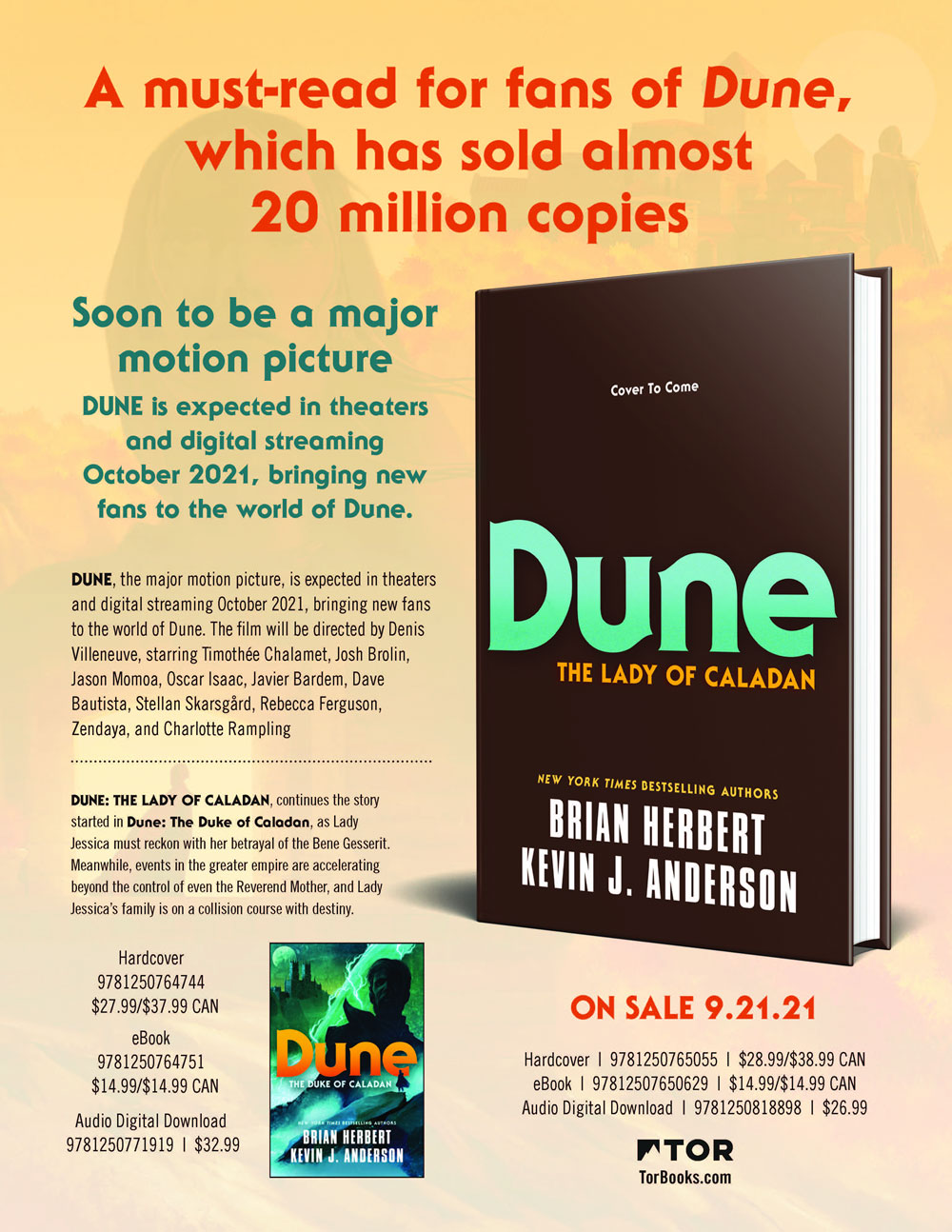 Promotional flyer for Dune: The Lady of Caladan (Tor Books), the next Dune novel by Brian Herbert and Kevin J. Anderson  