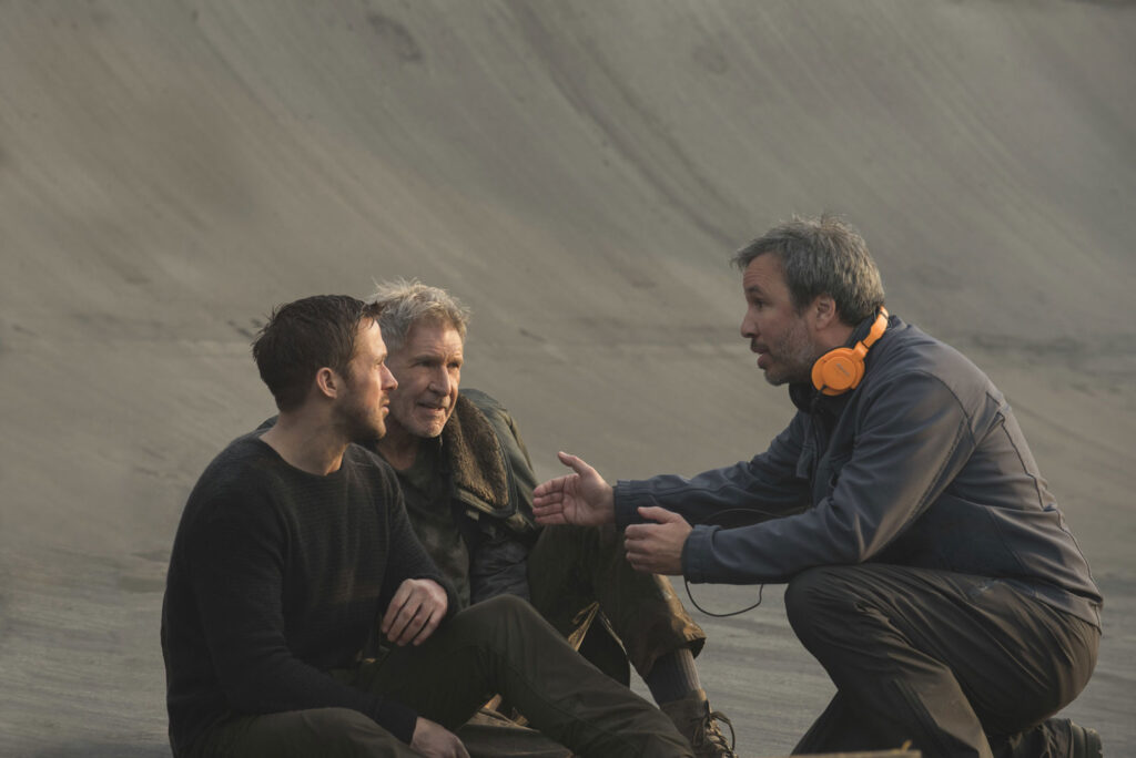 Denis Villeneuve directing Blade Runner 2049, starring Ryan Gosling and Harrison Ford.
