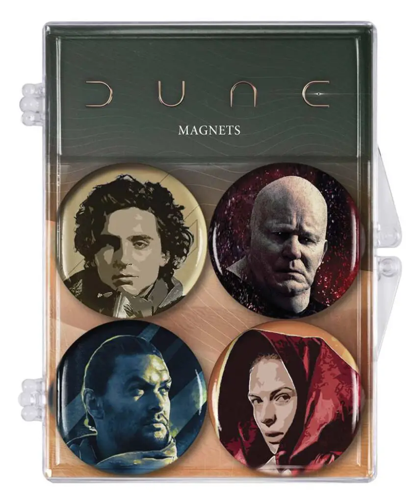 Set of four magnets, featuring the main characters of the Dune movie: Paul Atreides, Baron Harkonnen, Duncan Idaho, and Lady Jessica,