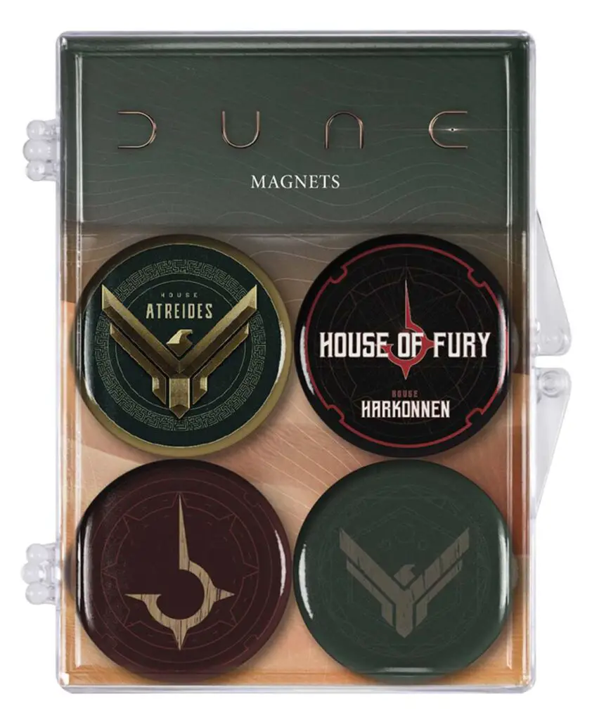 Set of four magnets from the Dune movie, featuring the logos of House Atreides and House Harkonnen.