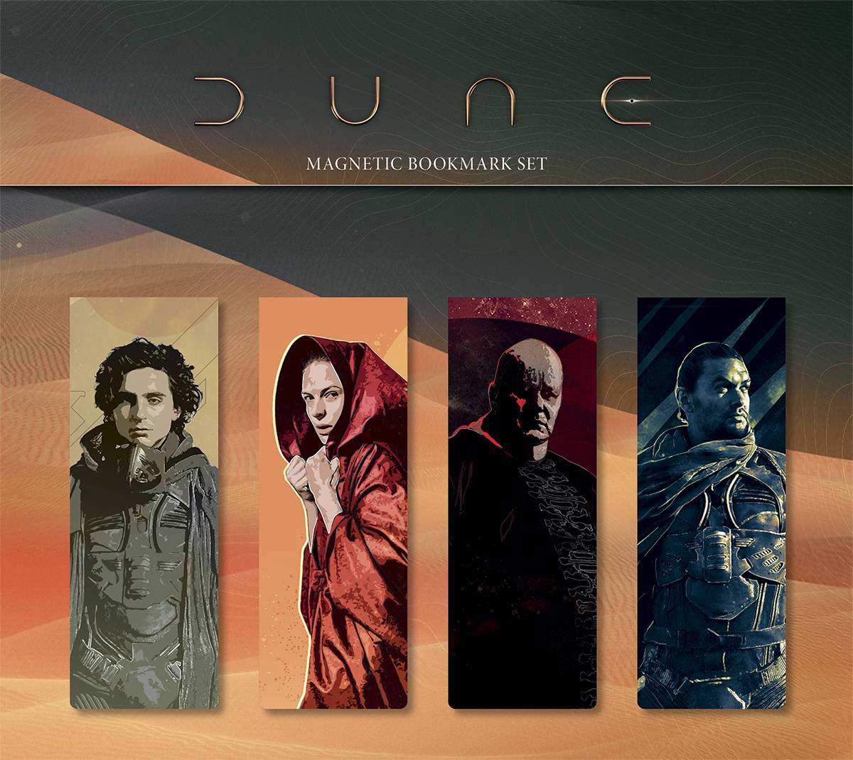 Set of magnetic bookmarks, featuring the main characters of the Dune movie: Paul Atreides, Lady Jessica, Baron Harkonnen, and Duncan Idaho.