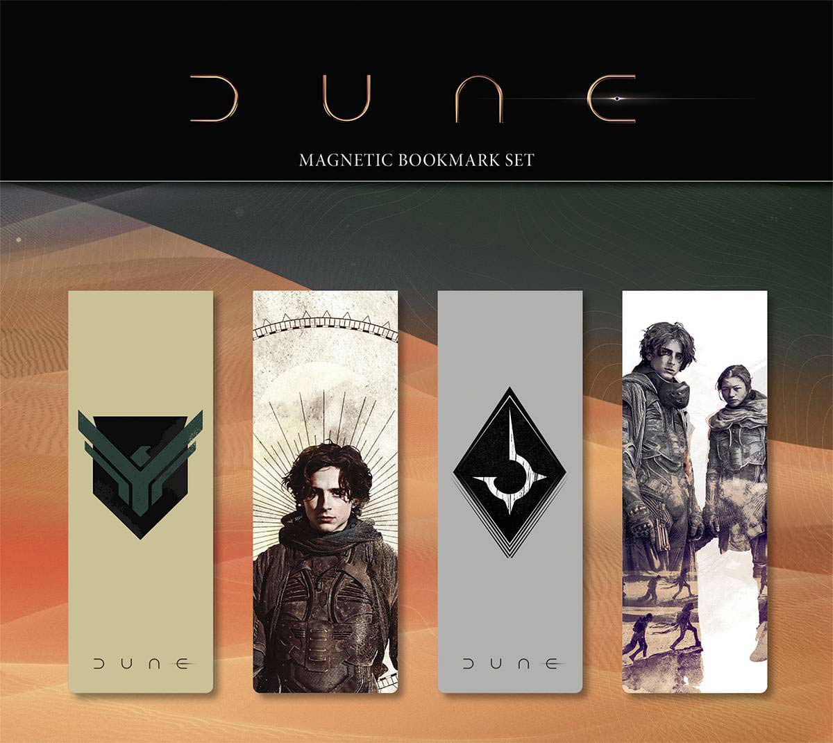 Set of magnetic bookmarks from the Dune movie, featuring Paul Atreides, Chani, and logos of House Atreides and House Harkonnen.