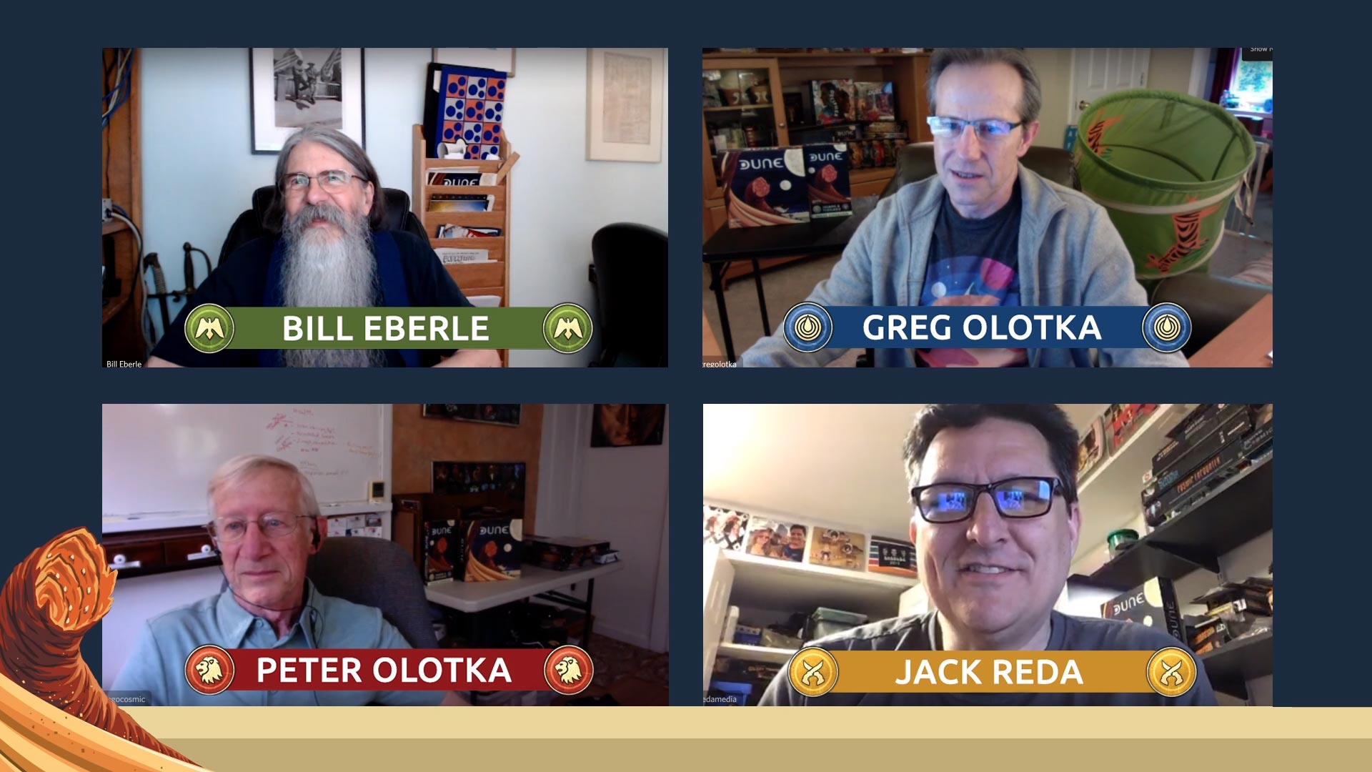 Creators of the Dune board game: Bill Eberle, Greg Olotka, Peter Olotka, and Jack Reda.