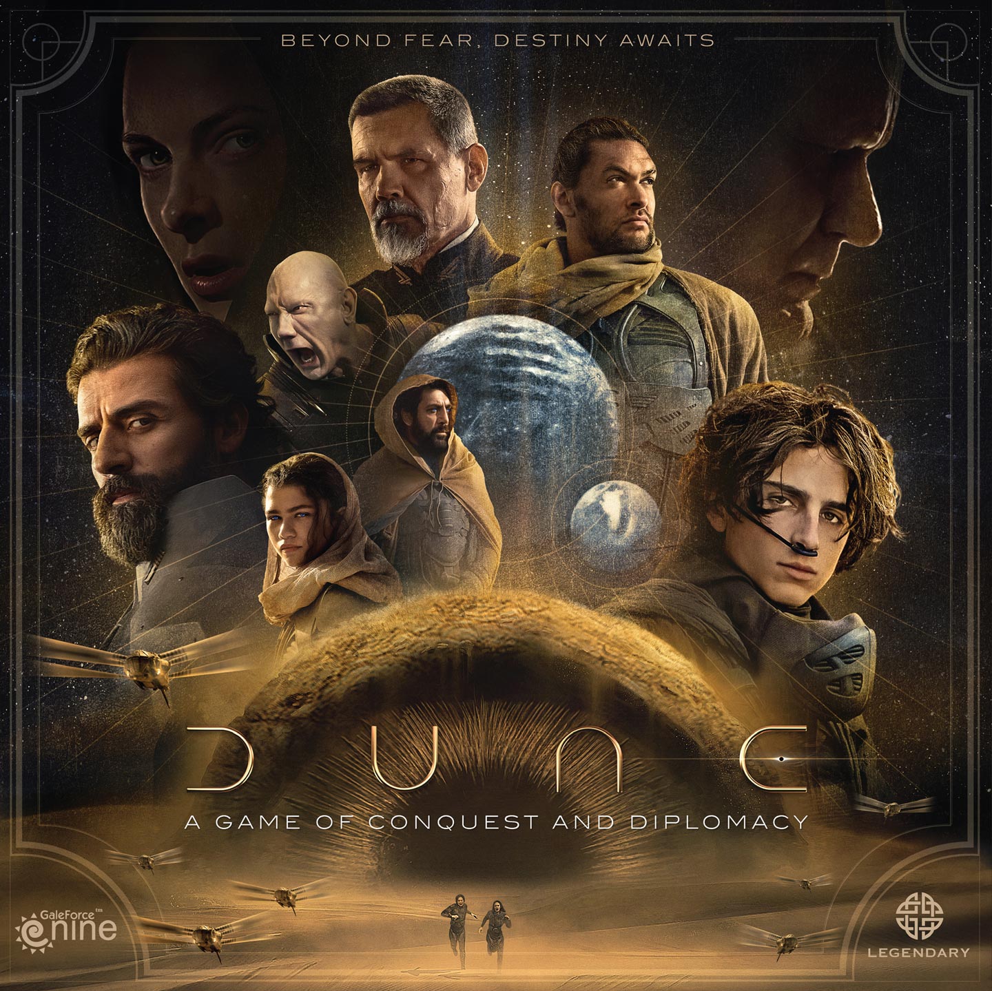 The box artwork 'Dune: A Game of Conquest and Diplomacy', from Gale Force Nine, featuring the actors and visuals of 2021's Dune movie.