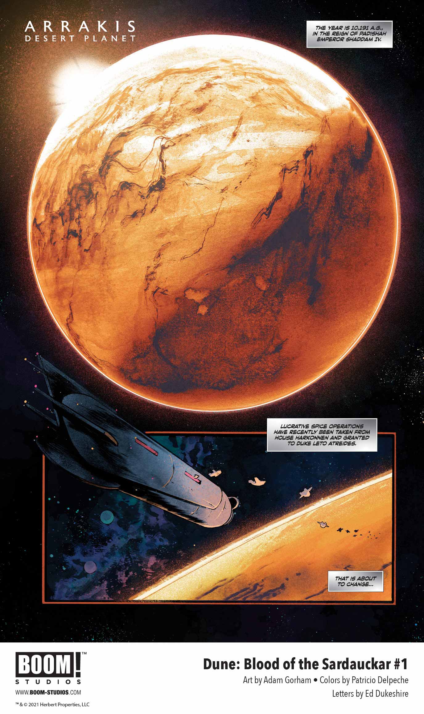 Dune: Blood of the Sardaukar comic book, preview page 1.