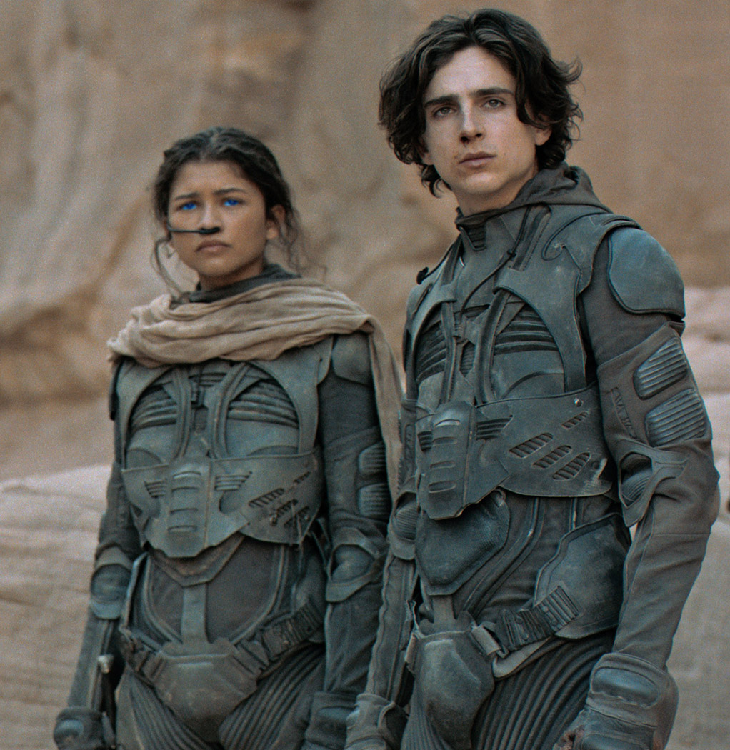 Chani (Zendaya) and Paul Atreides (Timothée Chalamet) clad in stillsuits, in the Dune movie (2021). New photo revealed by the Venice Film Festival.