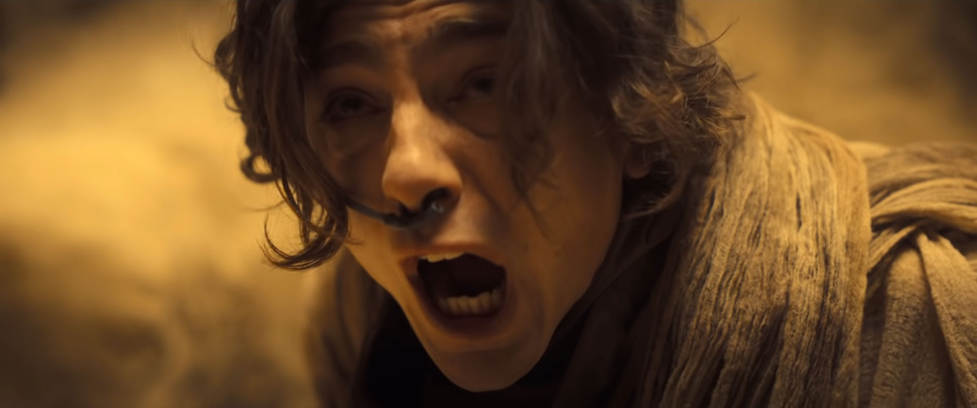 Paul Atreides (played by Timothée Chalamet) screaming, in a scene from the Dune movie's first trailer 