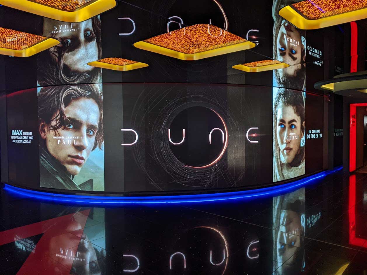 Dune movie video poster at the entrance of Cineworld cinema at Leicester Square, London.