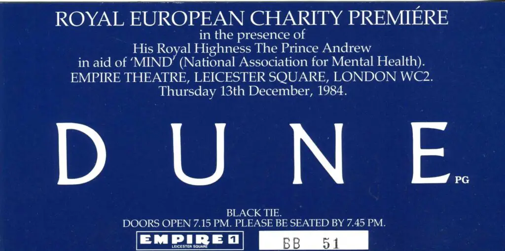 Ticket (back) from the U.K. premiere of David Lynch's Dune movie, held at Leicester Square, London in 1984.