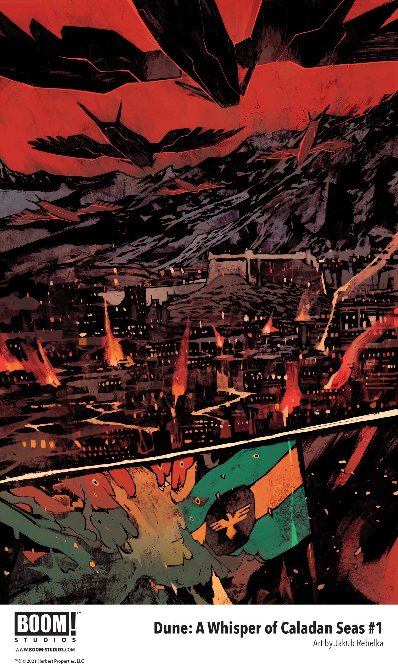 'Dune: A Whisper Of Caladan Seas' comic book. Interior artwork from page 01, depicting Harkonnen ornithopters flying above the embattled city of Arrakeen.