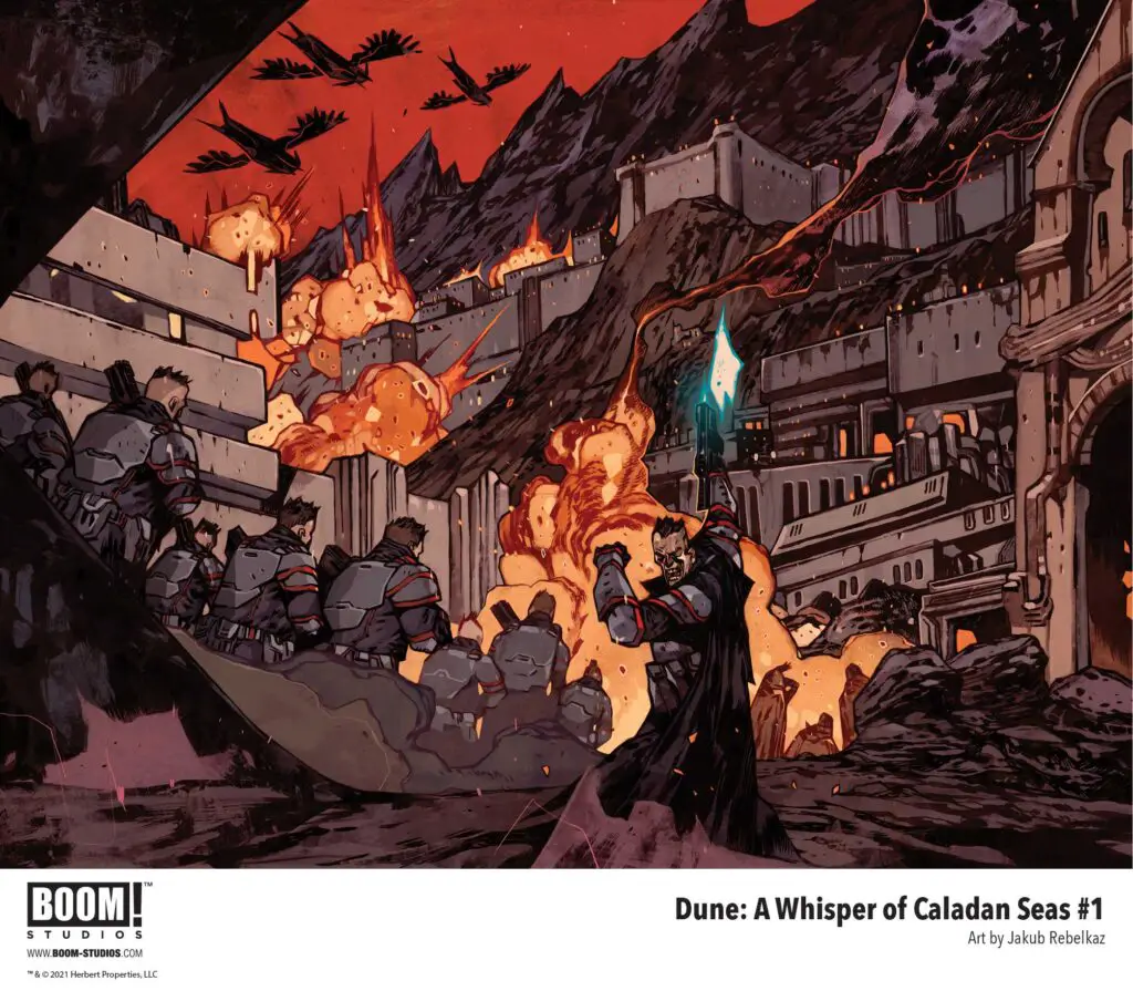 'Dune: A Whisper Of Caladan Seas' comic book. Interior artwork of pages 2-3, depicting Sardaukar warriors advancing towards Governor's Residence in Arrakeen.