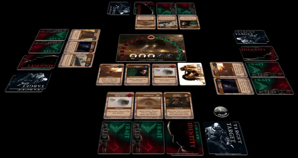 Game play of Dune: Betrayal, Gale Force Nine. The different types of cards—actions, traits, identities, and targets, feature characters and visuals from the Dune movie (2021).