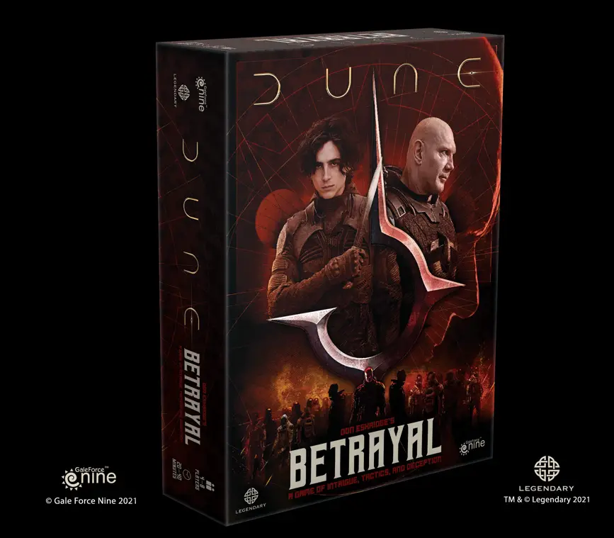 Box for Gale Force Nine's 'Dune: Betrayal' game, featuring visuals from the Dune movie: Timothée Chalamet as Paul Atreides and Dave Bautista as Rabban "The Beast" Harkonnen.