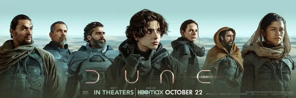 It begins. Official banner for Dune, featuring the movie's stars: Jason Momoa, Josh Brolin, Oscar Isaac Timothée Chalamet, Rebecca Ferguson, Javier Bardem, and Zendaya.