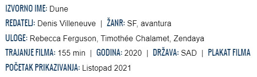 Croatian theater chains have been listed the Dune movie's runtime as 155 minutes.