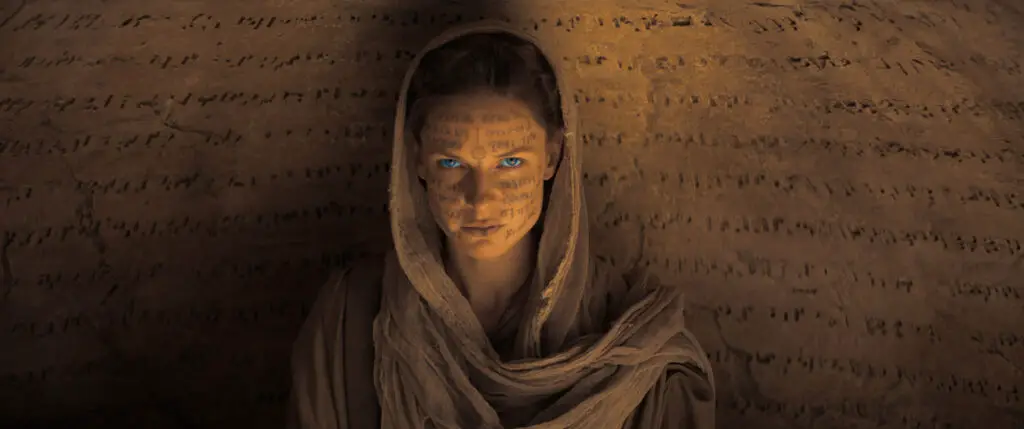 Lady Jessica (Rebecca Ferguson), with the Eyes of Ibad and mysterious facial markings, in the 2021 Dune movie.
