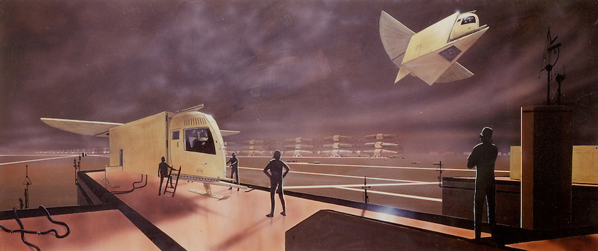 Concept art showing Atreides ornithopters and the Arrakeen landing field, in Dune (1984).