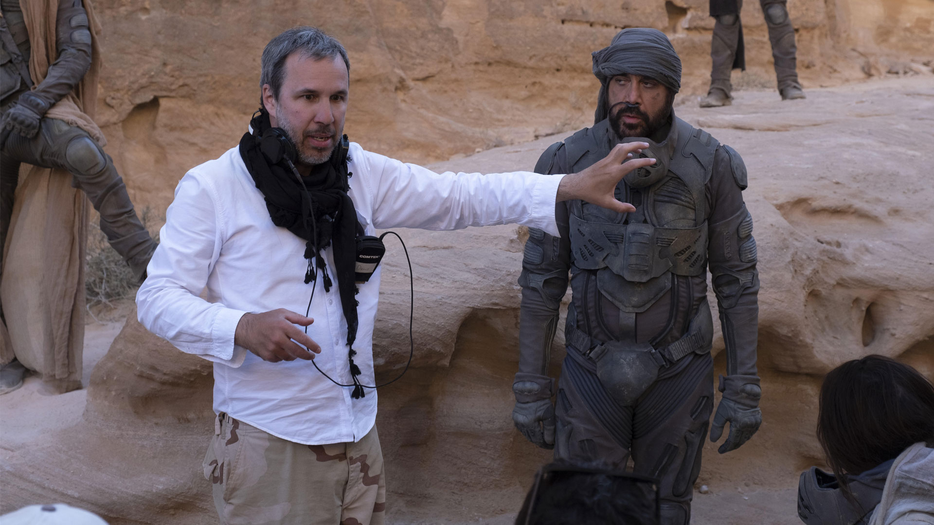 Denis Villeneuve and Javier Bardem on the set of Dune (2021). Part of the movie was filmed in the deserts of Wadi Rum, Jordan.