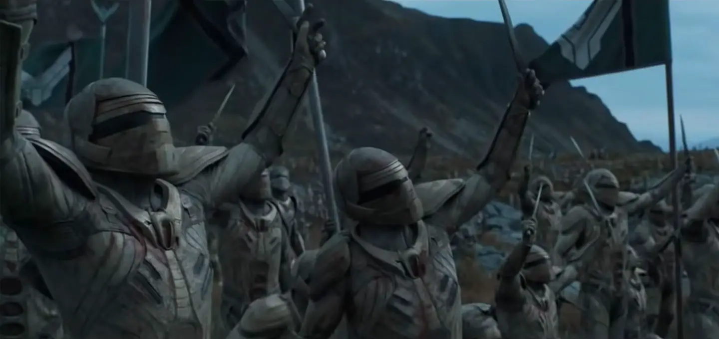 Fremen Fedaykin warriors under the banner of House Atreides, from the prescient visions of Paul Atreides in Denis Villeneuve's 'Dune: Part One' movie (2021).