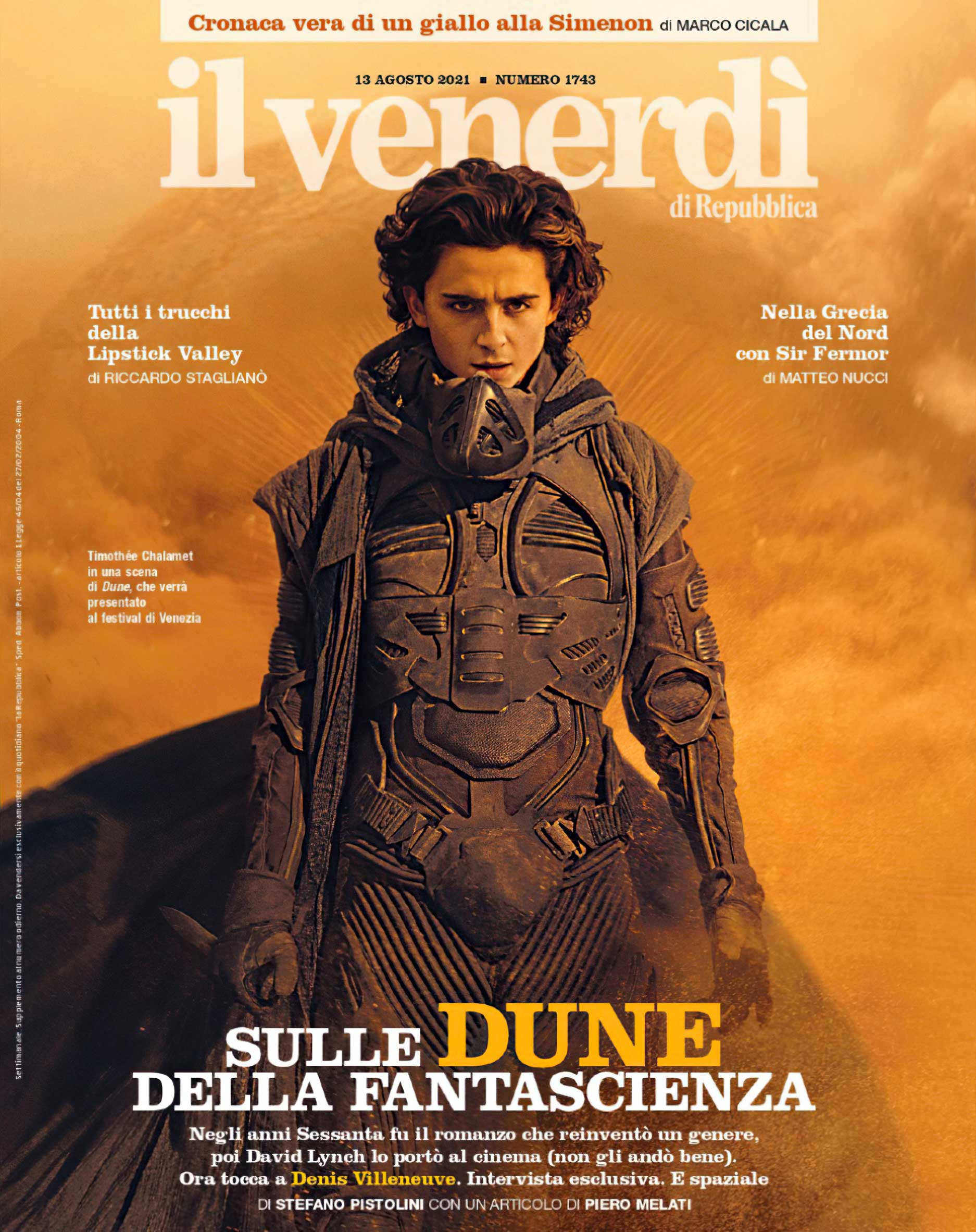 Dune-themed cover for the Italian magazine, Il Venerdì di Repubblica (August 13, 2021 issue), featuring Timothée Chalamet as Paul Atreides and a gargantuan sandworm.