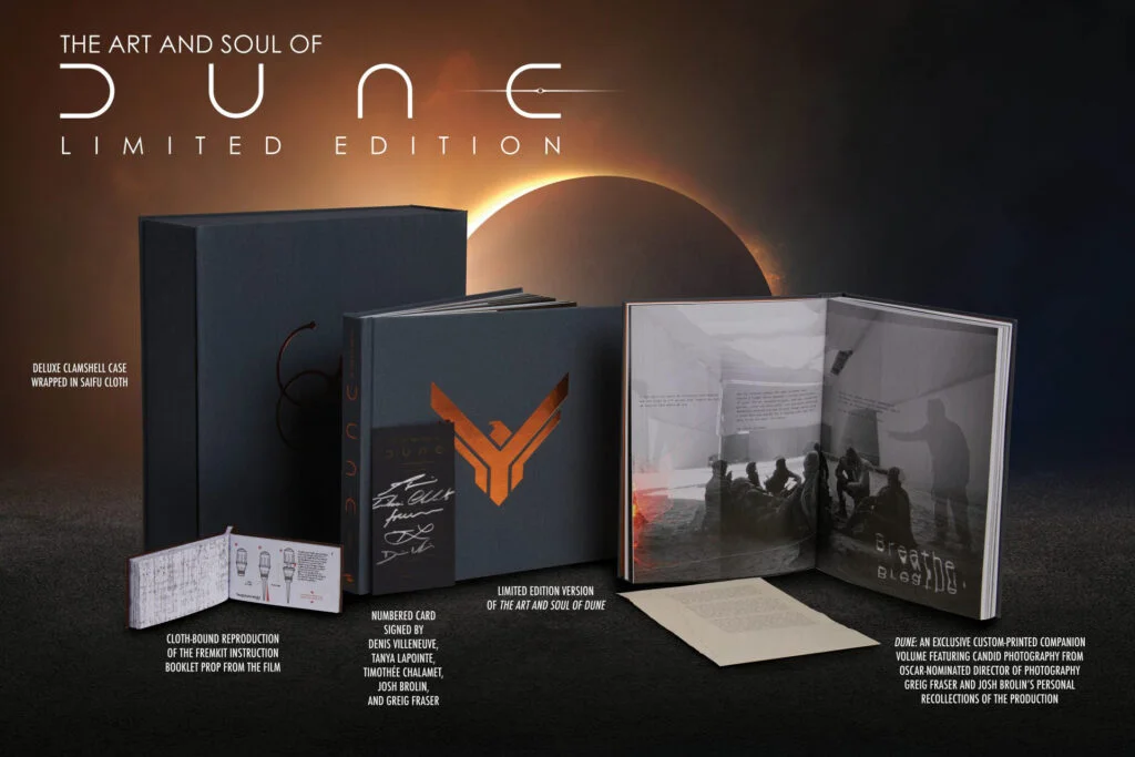Product photo of the 'The Art and Soul of Dune' Limited Edition, showing the box, companion volume, Fremkit Instruction booklet, and signed card.
