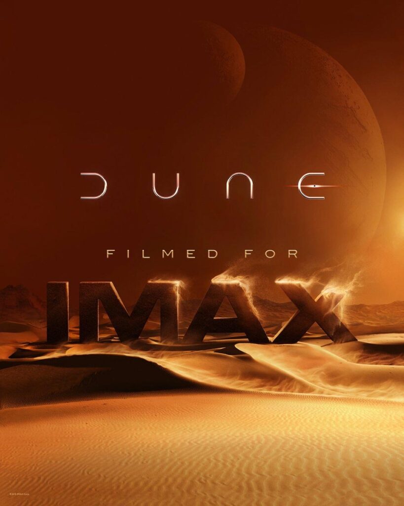 'Dune', Filmed for IMAX. Promotional movie poster featuring the Arrakis desert and its two moons, as portrayed in Villeneuve's 2021 movie adaptation.