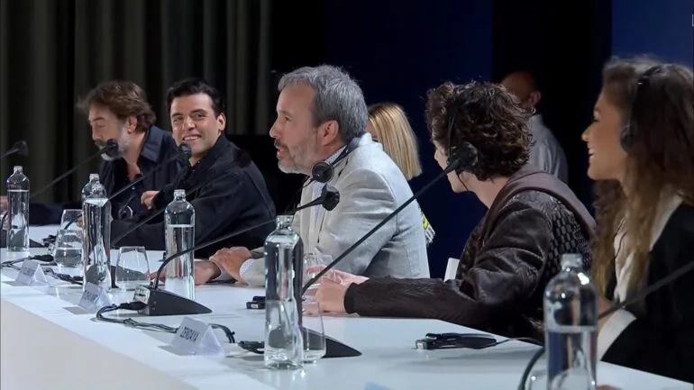 Venice Film Festival press conference: director Denis Villeneuve and cast members of Dune: Part One, including Timothée Chalamet, Zendaya, Oscar Isaac, and Javier Bardem.
