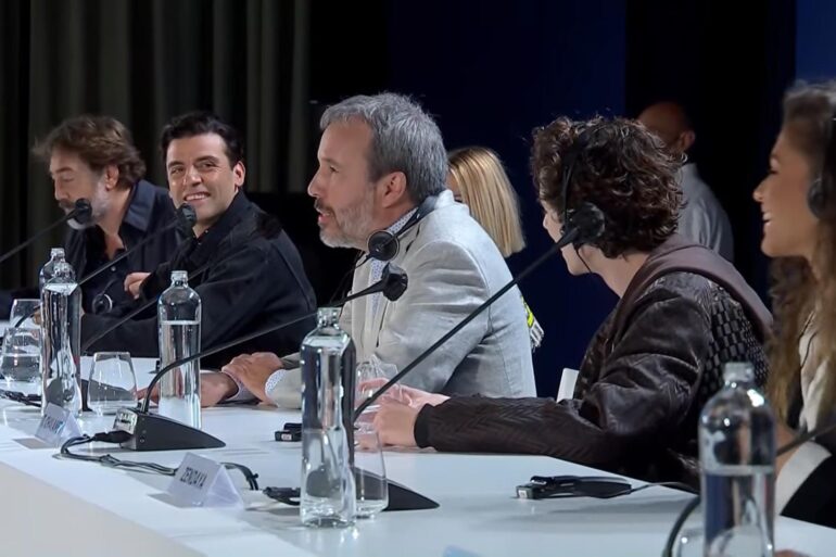 Venice Film Festival press conference: director Denis Villeneuve and cast members of Dune: Part One, including Timothée Chalamet, Zendaya, Oscar Isaac, and Javier Bardem.