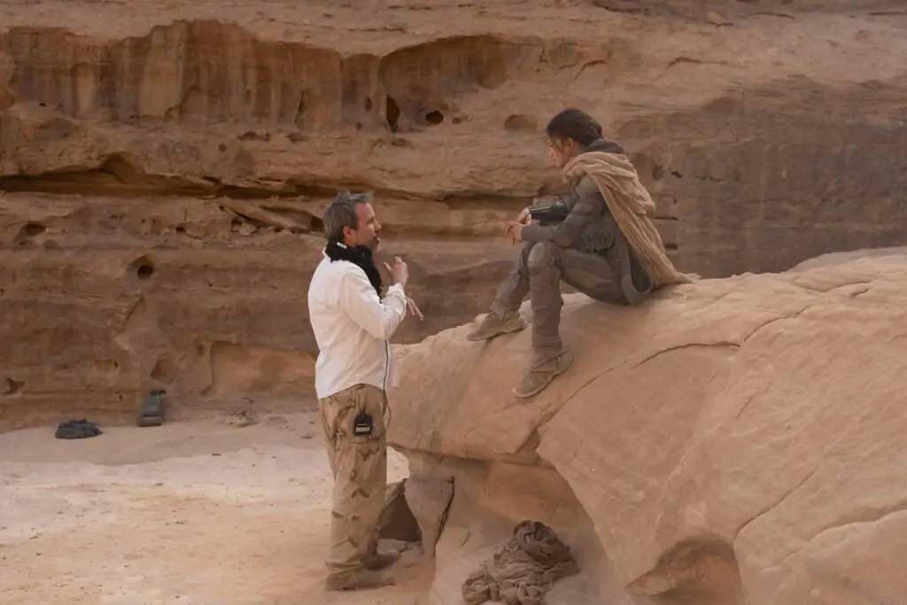Denis Villeneuve talks to Zendaya in Jordan, during the filming of Dune.