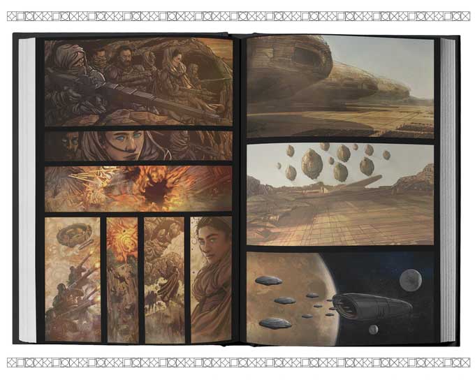 Preview pages from 'Dune: The Official Movie Graphic Novel', featuring the Chani and other Fremen warriors in the opening scene from the movie.