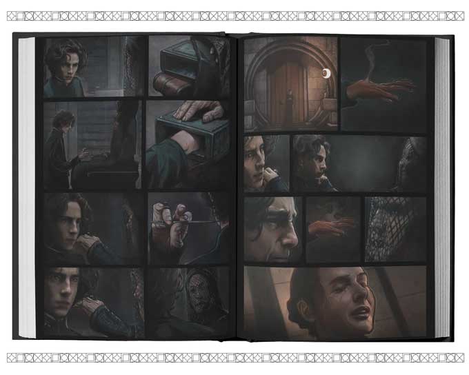 Preview pages from 'Dune: The Official Movie Graphic Novel', featuring Paul Atreides and Reverend Mother Mohiam during the Gom Jabbar Test.
