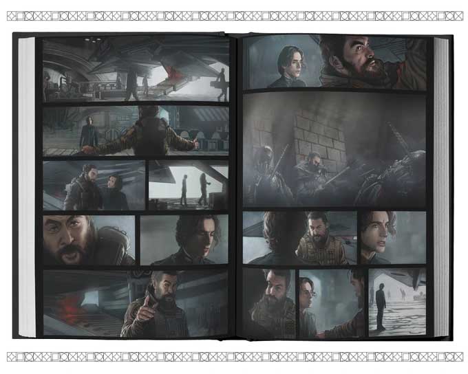 Preview pages from 'Dune: The Official Movie Graphic Novel', featuring Paul Atreides and Duncan Idaho taling in the Caladan ship hangar.