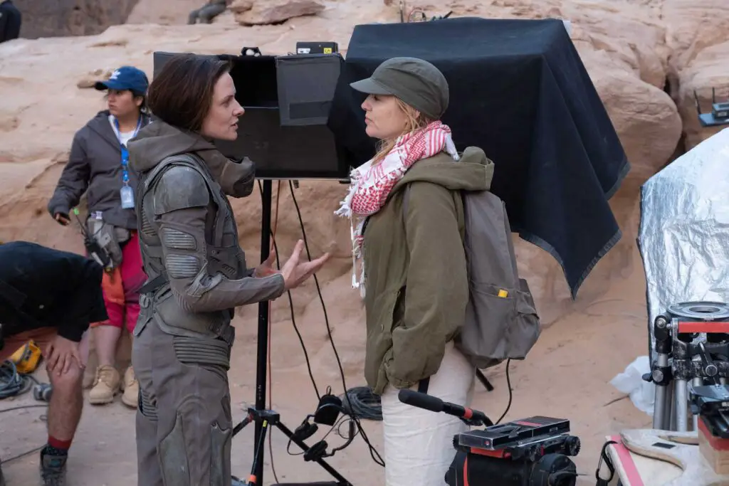 Photo of Rebecca Ferguson and Tanya Lapointe, executive producer, together on the set of the Dune movie, in Jordan.