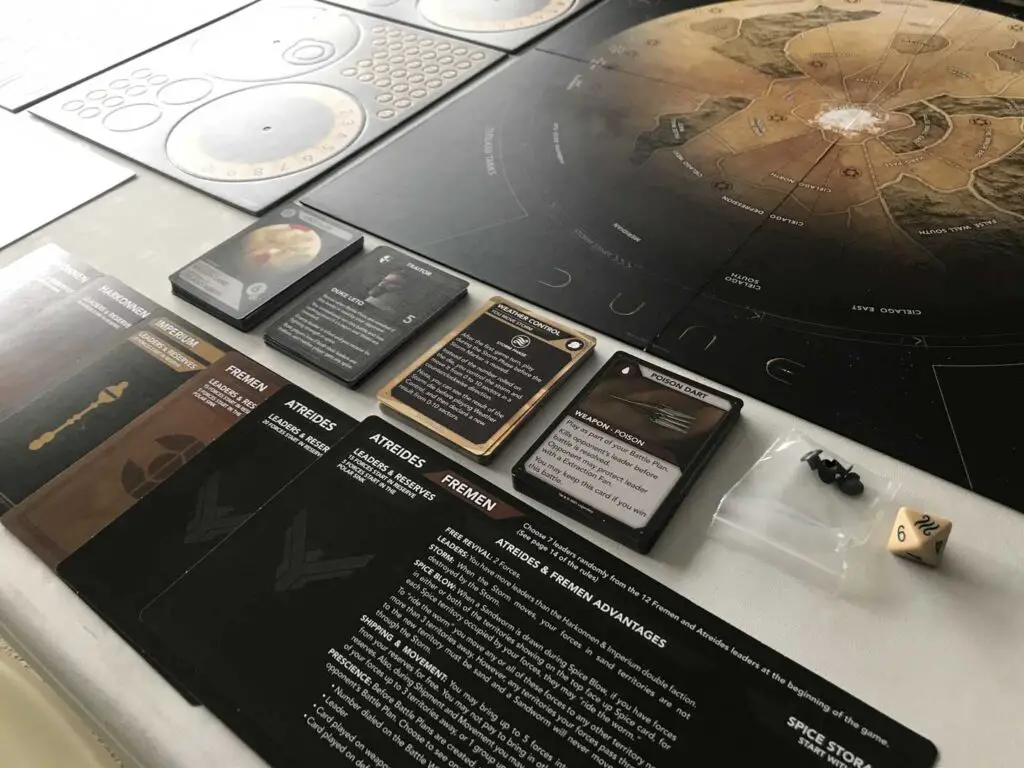 Photo of the card decks and faction sheets from the Dune Conquest board game.