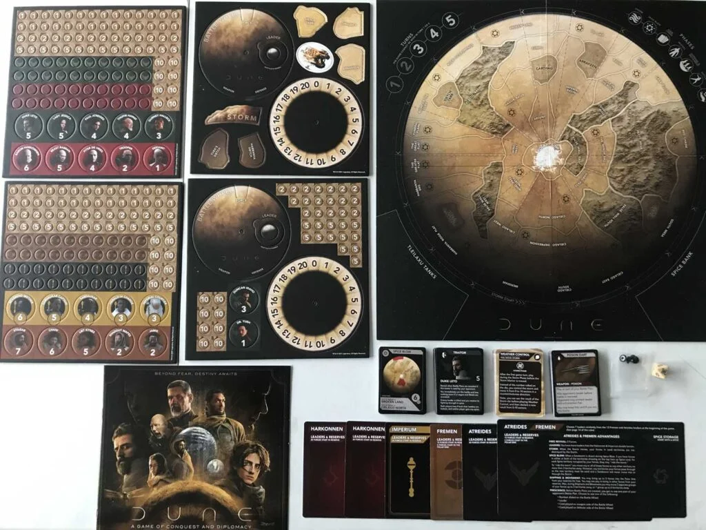 Contents included with 'Dune: A Game of Conquest and Diplomacy', the board game tie-in to Denis Villeneuve's Dune movie.