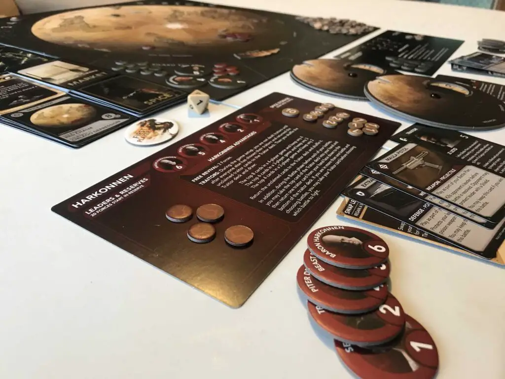 Photo of the Harkonnen faction sheet and character tokens from the Dune Conquest board game.