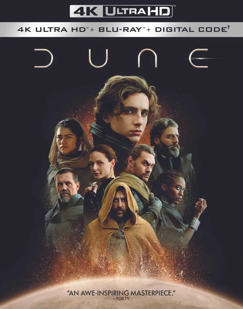 Cover for Dune 4K UHD combo pack, including 4K, Blu-ray, and digital code versions of the movie. The 'Dune: Part One' home video release is confirmed for January 11, 2022.