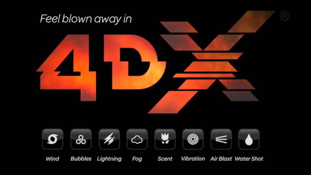 4DX logo. Feel blown away while watching movies, with special effects: Wind, Bubbles, Lightning, Fog, Scent, Vibration, Air Blast, and Water Shot.