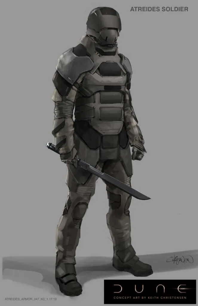 House Atreides soldier in full battle armor. Dune movie concept art by Keith Christensen.