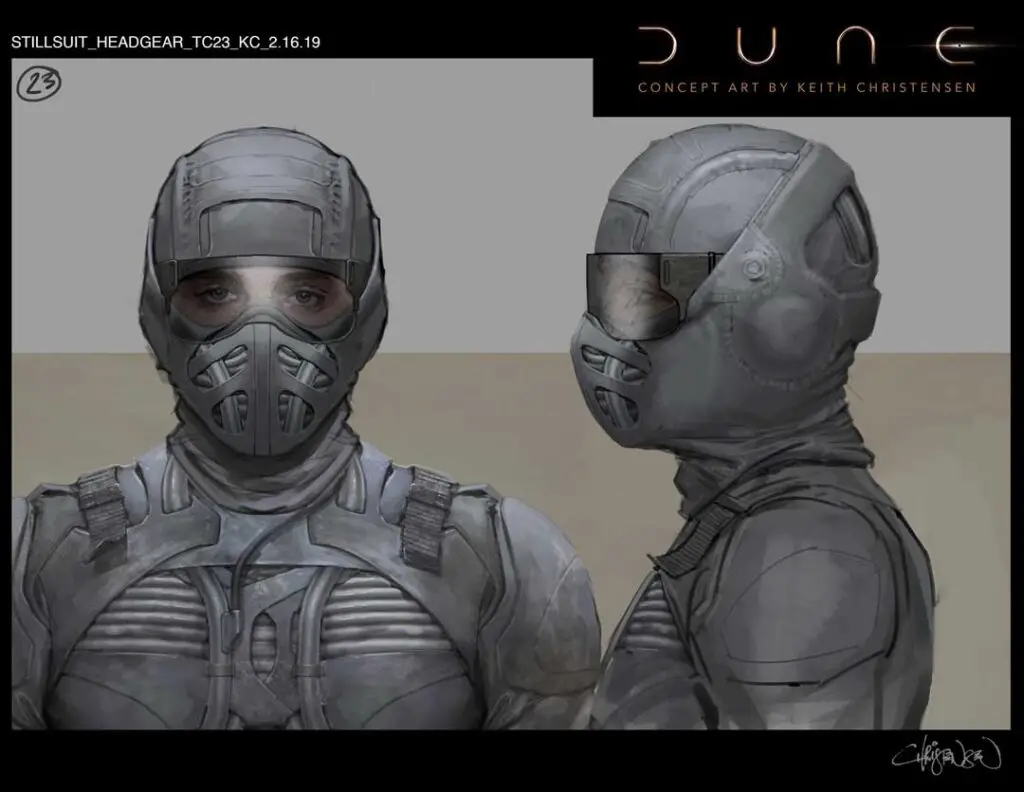 Fremen Stillsuit headgear, Dune movie concept art by Keith Christensen