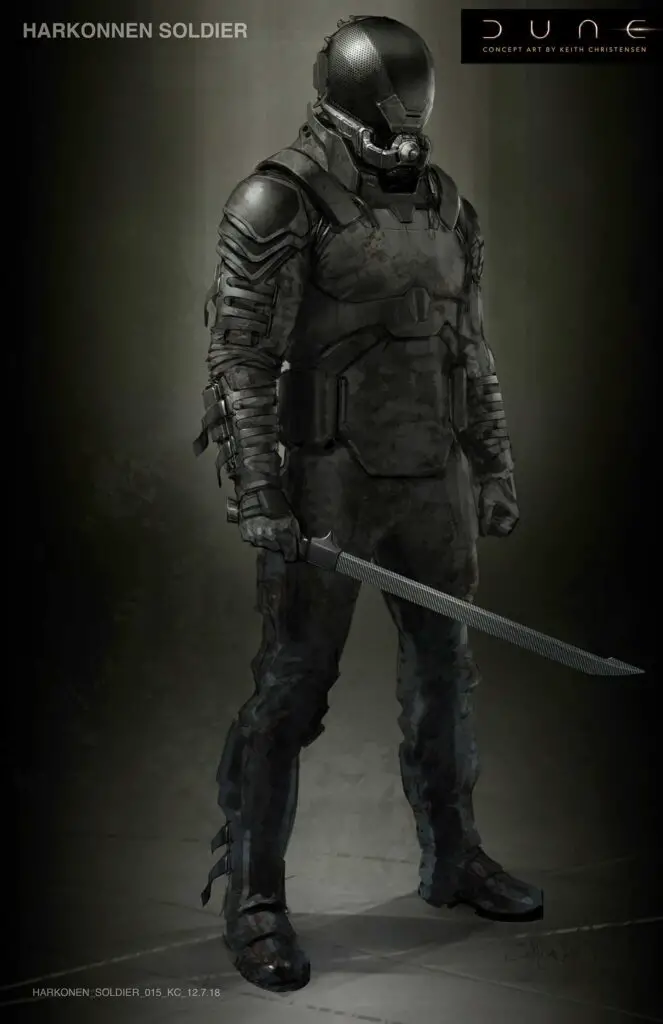 House Harkonnen soldier in full battle armor. Dune movie concept art by Keith Christensen.