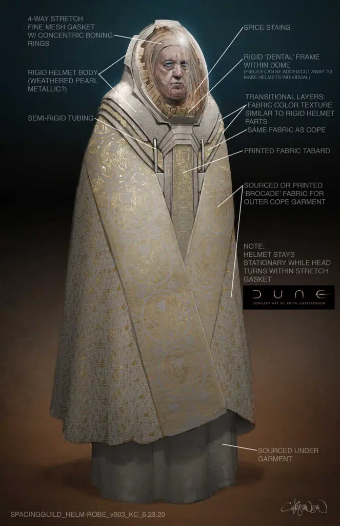 Keith Christensen's concept art for Spacing Guild members' outfits in the 'Dune' movie, with fabrication breakdown.