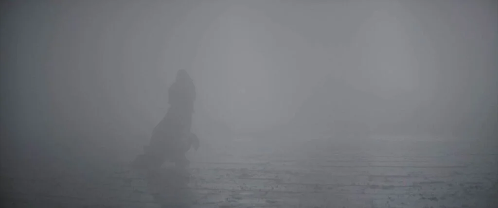 Lady Jessica (Rebecca Ferguson) outside in stormy weather, as the Bene Gesserit ship leaves Caladan. The 4DX movie effects, including mist and lighting, amplify the thunder and lightning during 'Dune'.