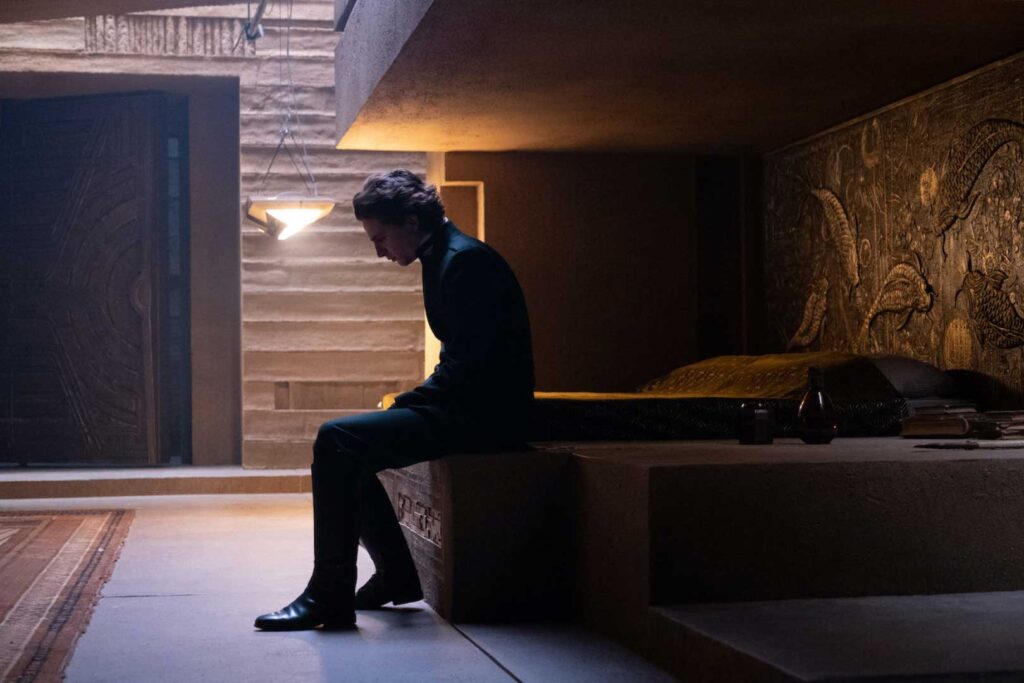 Photo of Timothée Chalamet, as Paul Atreides in his new bedroom, on the Arrakeen set of the 'Dune' movie.
  