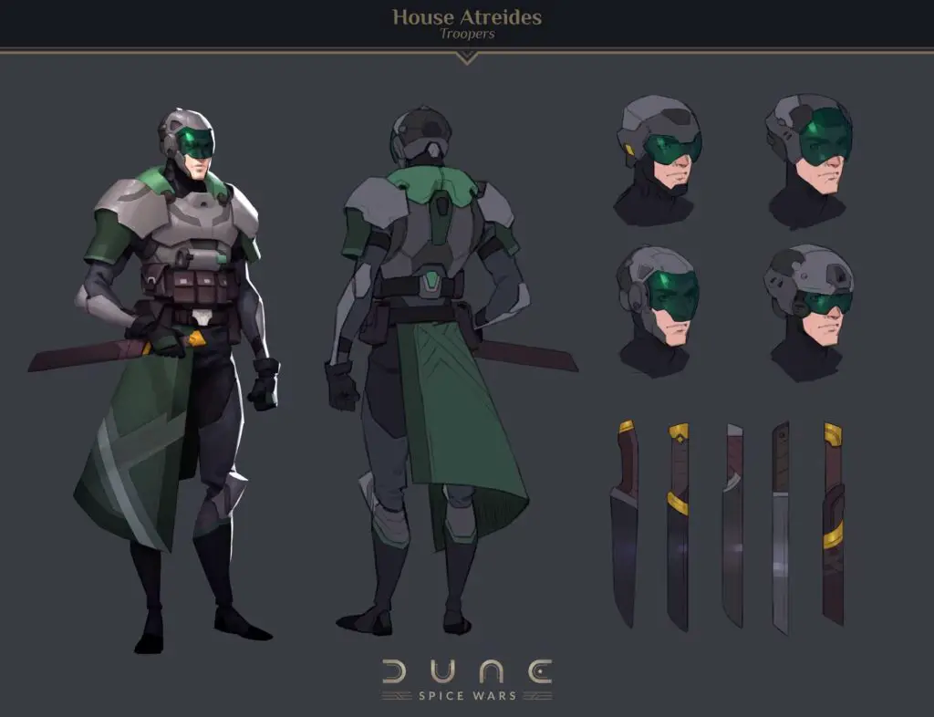 Concept art from 'Dune: Spice Wars', a new strategy video game from Funcom, featuring visual design of the House Atreides troopers.
