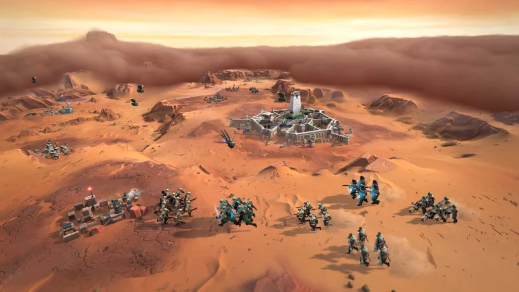 Screenshot of fighting in 'Dune: Spice Wars', an upcoming real-time strategy game by Funcom and Shiro Games.