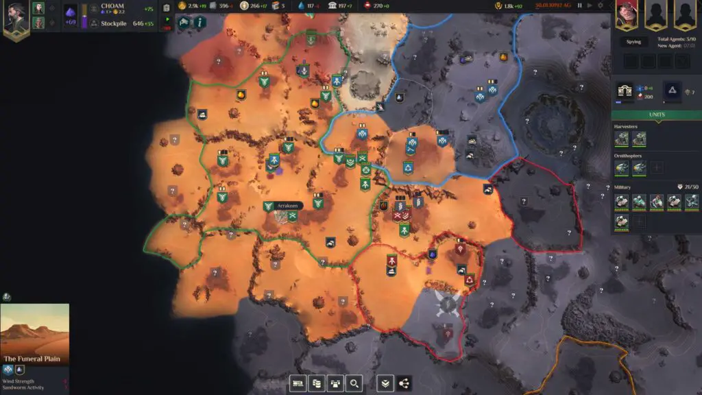 Screenshot of 'Dune: Spice Wars', a new strategy game, showcasing the strategic map view.