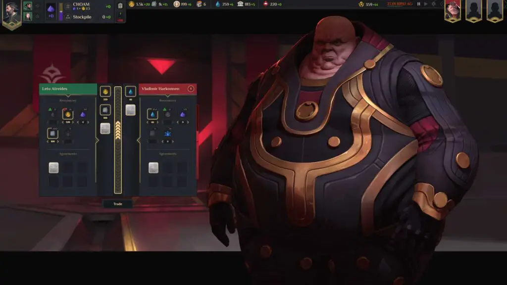 Screenshot of Baron Vladimir Harkonnen, during a trading view, in 'Dune: Spice Wars'.