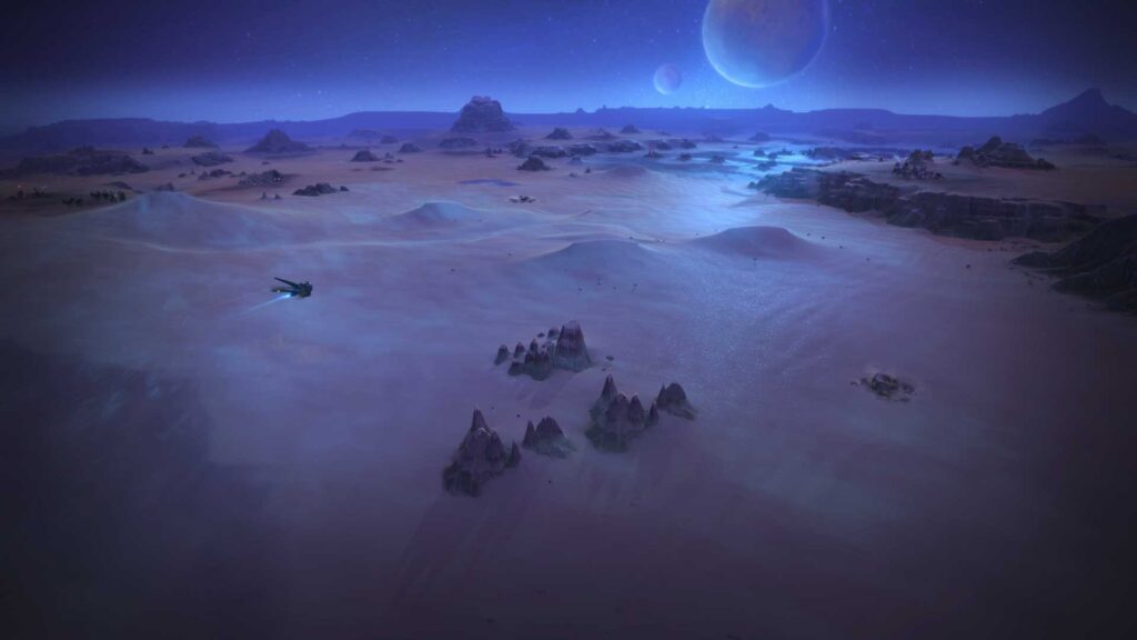 Screenshot of the desert of Arrakis at nighttime, with its two moons in the sky. 'Dune: Spice Wars', a new RTS video game, comes to early access in 2022.